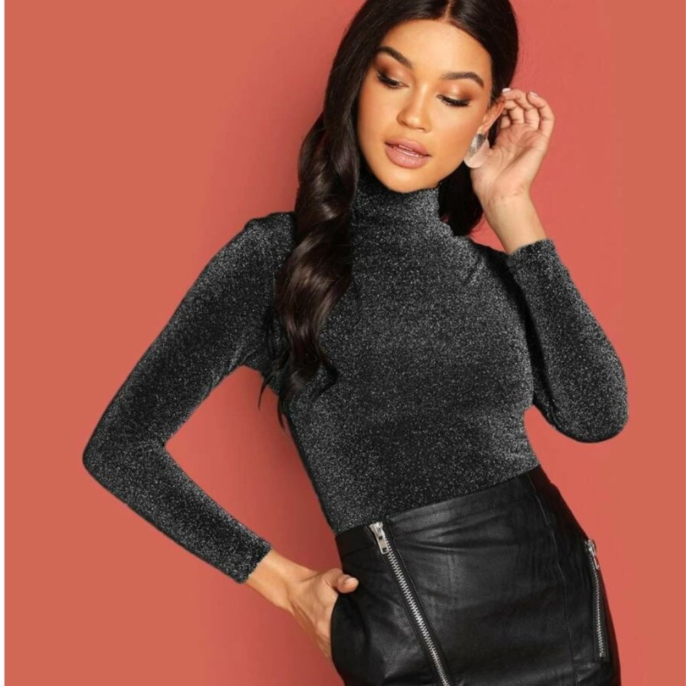 High Neck Fitted Semi Sheer Glitter Top